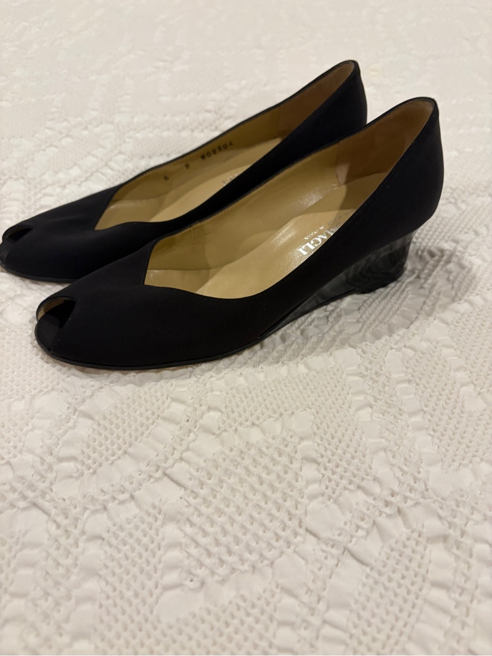 Bruno Magli Italian Black Satin Peep-Toe Low Wedge Heels